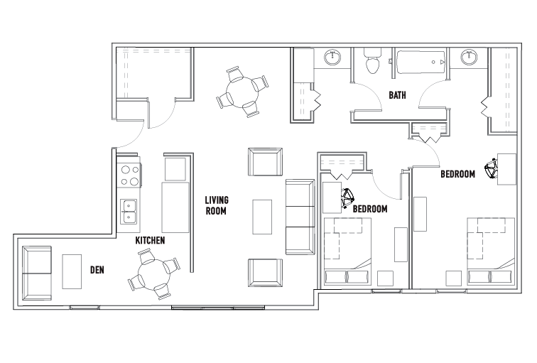 Floor plan for 2 beds, 1 bath, 1009 sqft